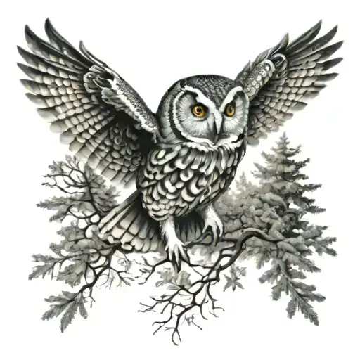 owl in night scape in forest with wings out tattoo design idea