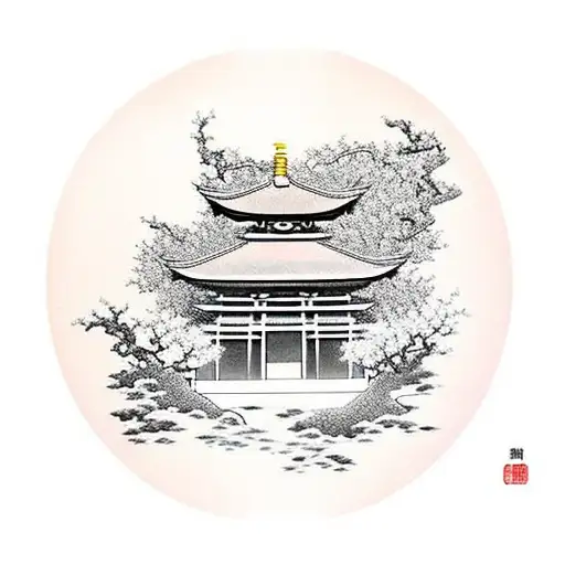 Japanese temple with torii gate and cherry blossoms  tattoo design idea