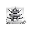 Japanese temple with torii and cherry blossoms  tattoo design idea