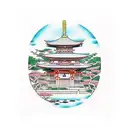 Japanese temple with torii and cherry blossoms  tattoo design idea