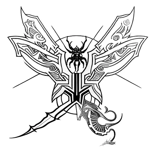 tatoo with logos from Assassin's creed, Playstation, umbrella corporation and  the last of us dragon-fly together tattoo design idea