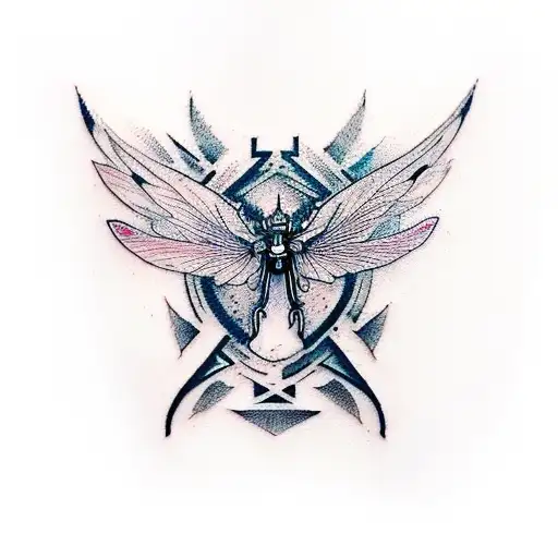 tatoo with logos from Assassin's creed, Playstation, umbrella corporation and  the last of us dragon-fly together tattoo design idea