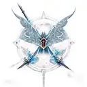 tatoo with logos from Assassin's creed, Playstation, umbrella corporation and  the last of us dragon-fly together tattoo design idea