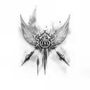 tatoo with logos from Assassin's creed, Playstation, umbrella corporation and  the last of us dragon-fly together tattoo design idea