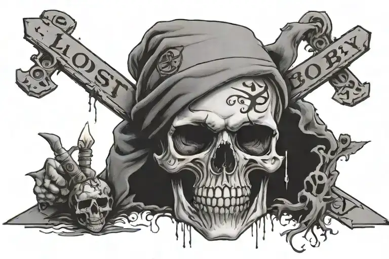  Words : “Lost boy” written in la gang writing with a skull and cross bones on each side tattoo design idea