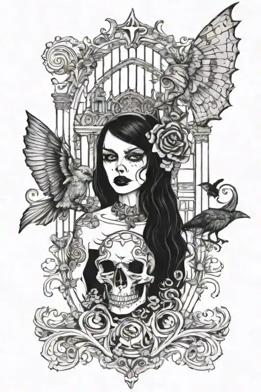 goth girl with gothic architecture patterns, black crow skull bat tattoo design idea