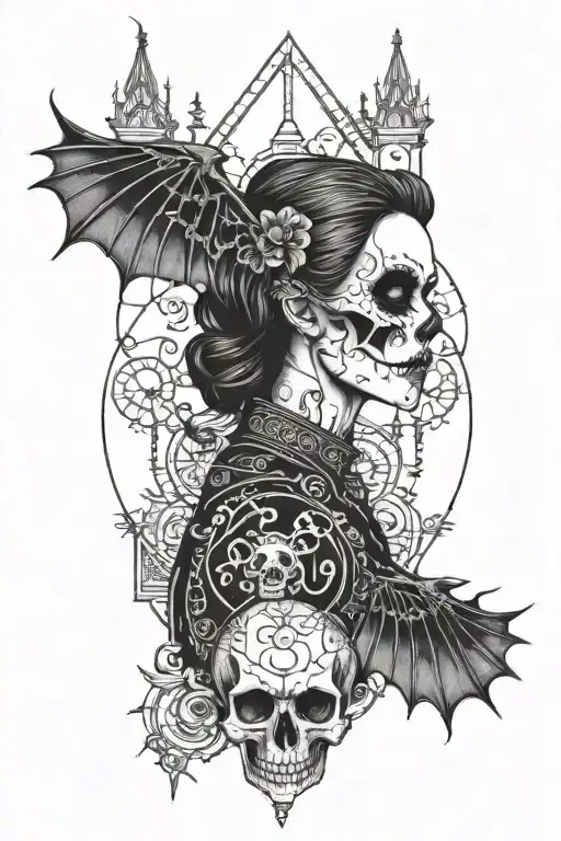 goth girl with gothic architecture patterns, black crow skull bat tattoo design idea