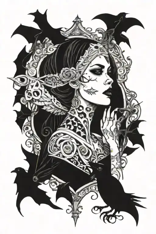 goth girl with gothic architecture patterns, black crow skull bat tattoo design idea