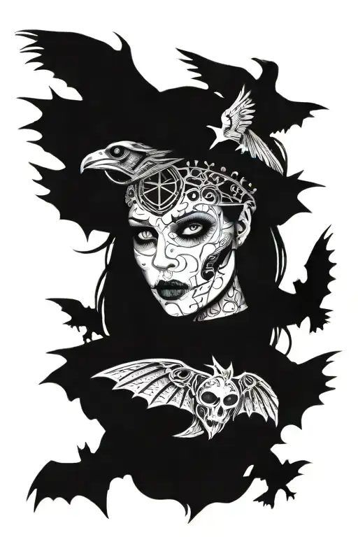 goth girl with gothic architecture patterns, black crow skull bat tattoo design idea