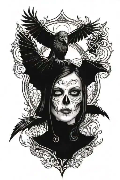 goth girl with gothic architecture patterns, black crow skull bat tattoo design idea