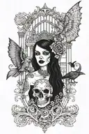 goth girl with gothic architecture patterns, black crow skull bat tattoo design idea
