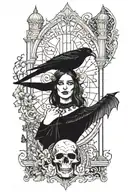 goth girl with gothic architecture patterns, black crow skull bat tattoo design idea