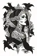 goth girl with gothic architecture patterns, black crow skull bat tattoo design idea