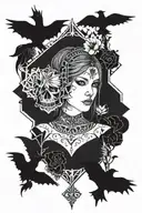 goth girl with gothic architecture patterns, black crow skull bat tattoo design idea