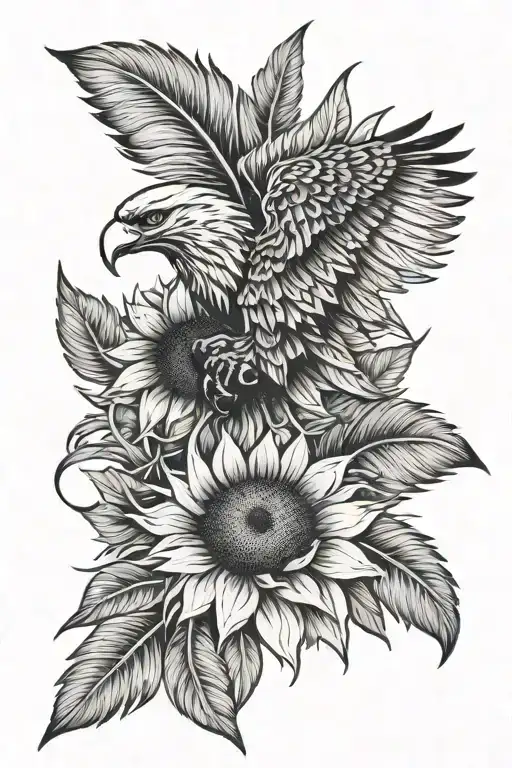 sunflower and eagle  feather tattoo design idea