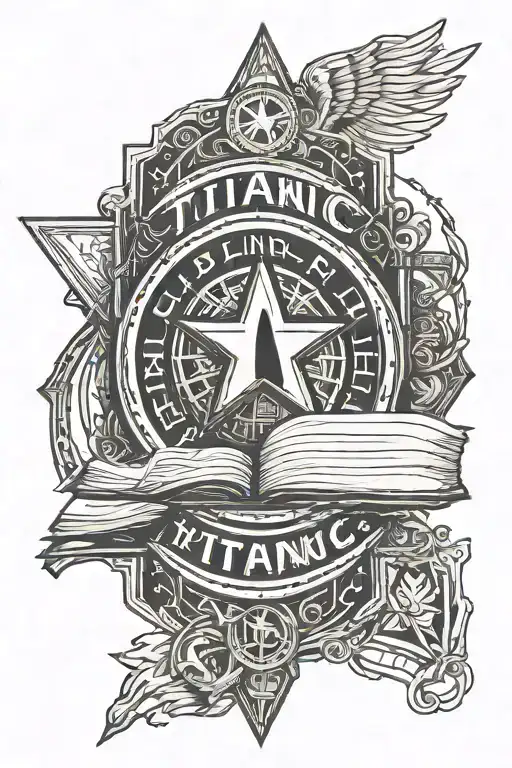 Titanic movie plus Captain America's shield and the letters ECMVNBLISJGDRF vertically plus books, coffee, Super Mario Br tattoo design idea