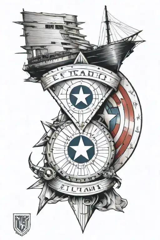 Drawing on the Titanic ship plus Captain America's shield and the letters ECMVNBLISJGDRF tattoo design idea