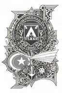 Titanic movie plus Captain America's shield and the letters ECMVNBLISJGDRF vertically plus books, coffee, Super Mario Br tattoo design idea