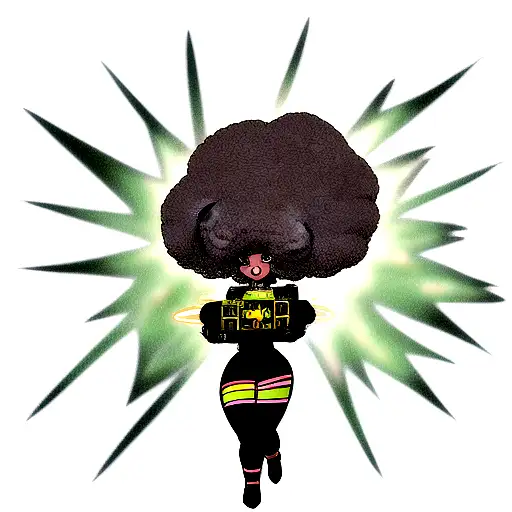 A black space girl with a large afro, holding a ray gun tattoo design idea