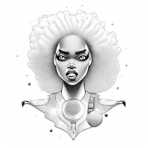 A black space girl with a large afro, holding a ray gun tattoo design idea
