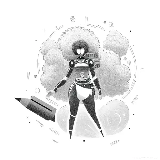 A black space girl with a large afro, holding a ray gun tattoo design idea