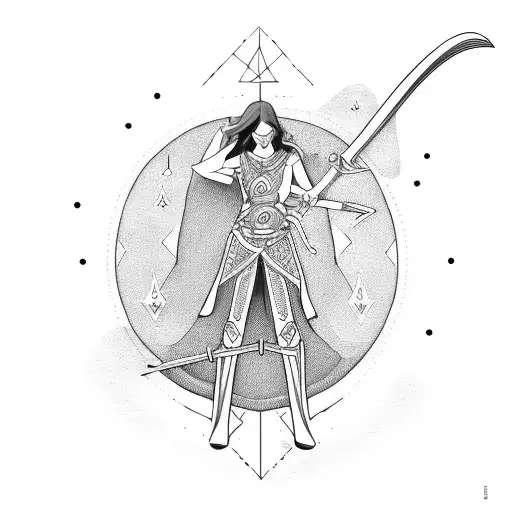 Woman with sword, glowy dress and a sickle moon above tattoo design idea
