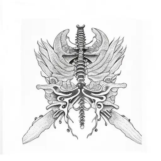 Skeleton wings with skeleton spinal cord tattoo design idea