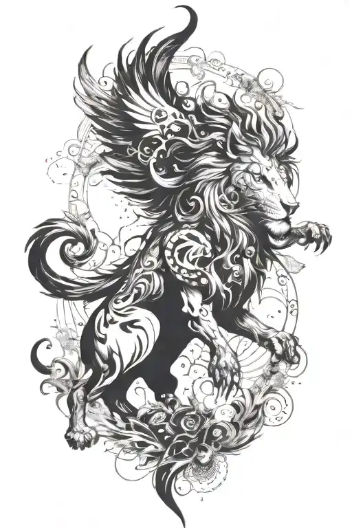 phoenix and lion and women.  tattoo design idea