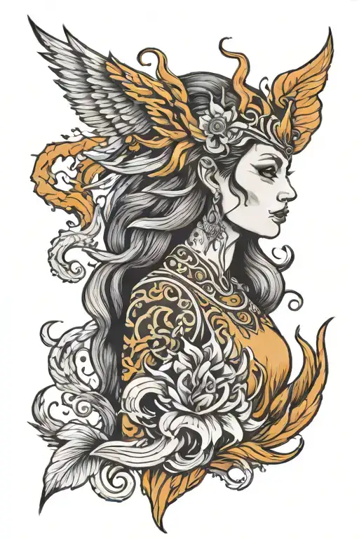 phoenix lion woman holding tattoo design idea
