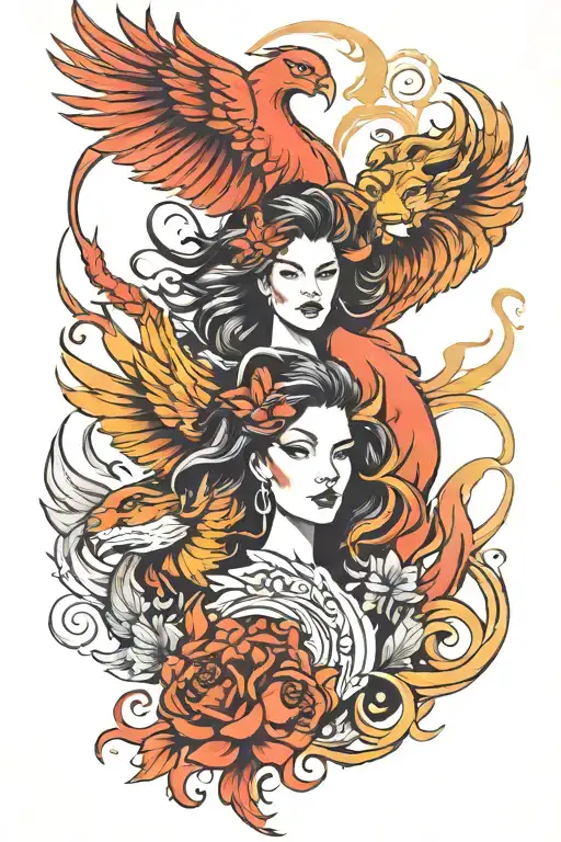 phoenix and lion and women.  tattoo design idea