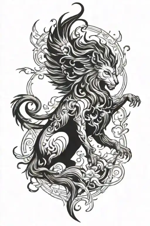 phoenix and lion and women.  tattoo design idea