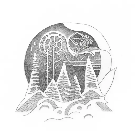 portal on the surfafe of the moon shows forest  tattoo design idea