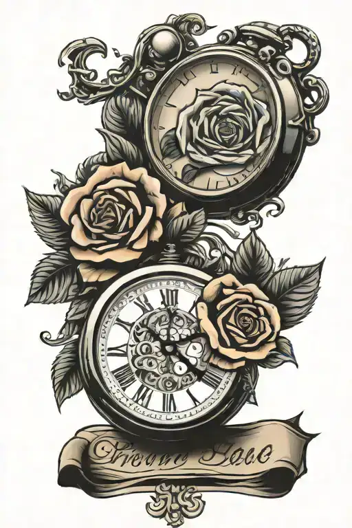 roses pocket watch and banner with date in roman numbers tattoo design idea