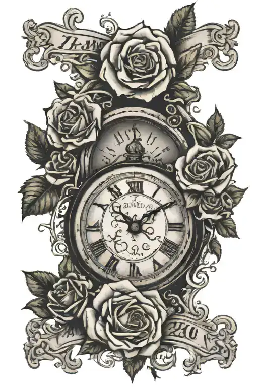 roses clock and banner with a date tattoo design idea