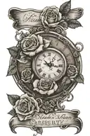 roses clock and banner with a date tattoo design idea