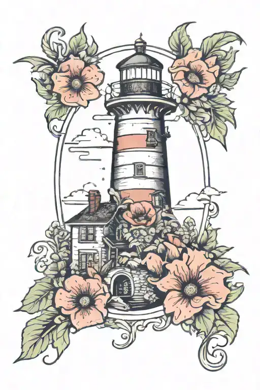 A colorful and vibrant tattoo featuring poppies and petunias blooming around a crumbling lighthouse, symbolizing resilience and beauty in adversity tattoo design idea