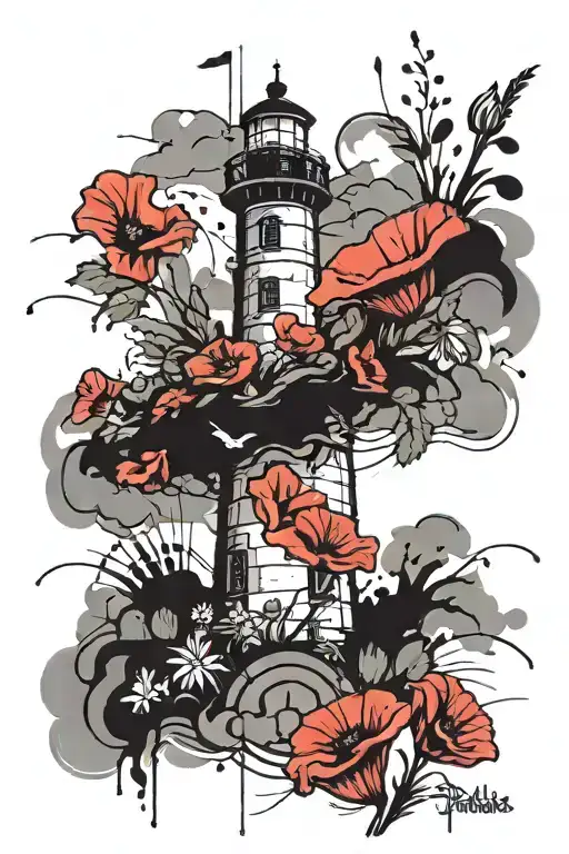 A colorful and vibrant tattoo featuring poppies and petunias blooming around a crumbling lighthouse, symbolizing resilience and beauty in adversity tattoo design idea