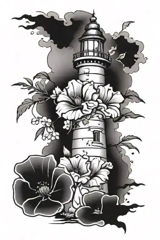 A colorful and vibrant tattoo featuring poppies and petunias blooming around a crumbling lighthouse, symbolizing resilience and beauty in adversity tattoo design idea