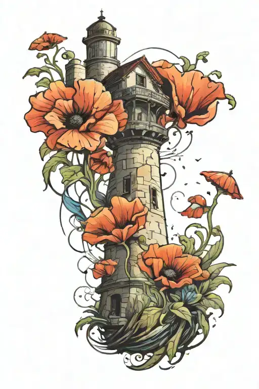 A colorful and vibrant tattoo featuring poppies and petunias blooming around a crumbling lighthouse, symbolizing resilience and beauty in adversity tattoo design idea