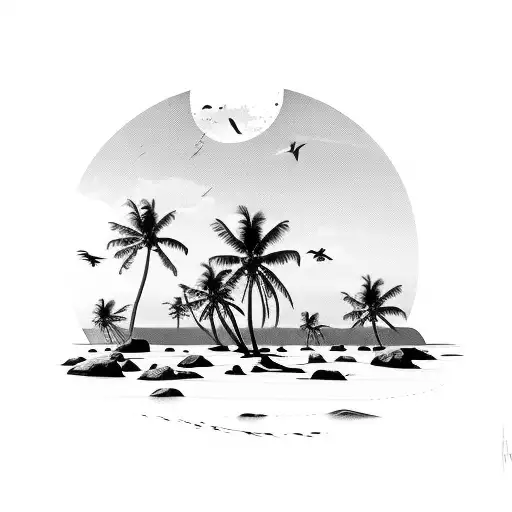 A serene beach scene with palm trees and crashing waves tattoo design idea