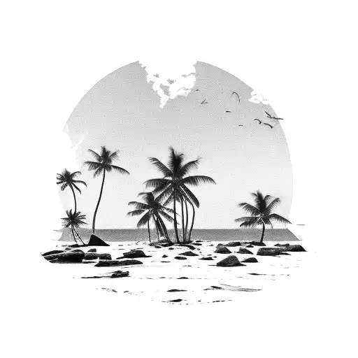 A serene beach scene with palm trees and crashing waves tattoo design idea