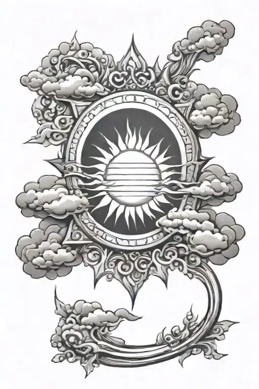 sun bursting through dark clouds tattoo design idea