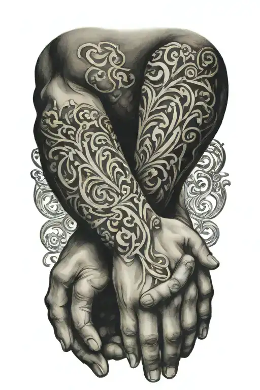one masculine hand holding 2 feminine crossed hands tattoo design idea