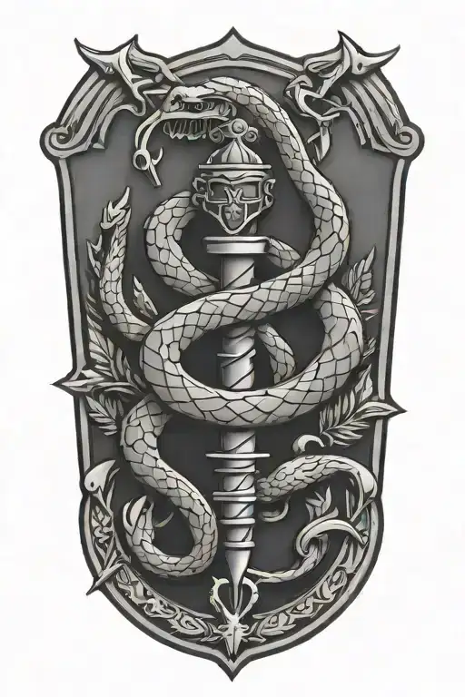 A police badge intertwined with a snake and dagger design tattoo design idea