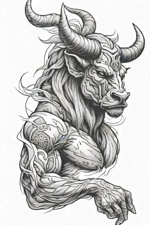 Masculine characters flexing muscles in background, bull head with thick horns im front tattoo design idea