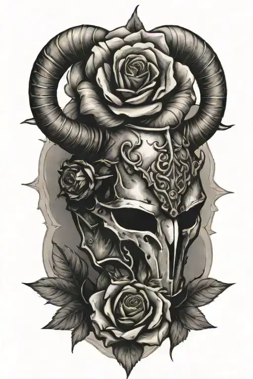 single rose growing out of medieval knight helmet with bull's horns tattoo design idea