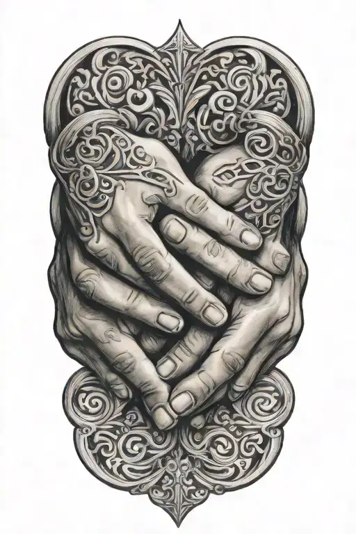 one masculine hand holding 2 feminine crossed hands tattoo design idea