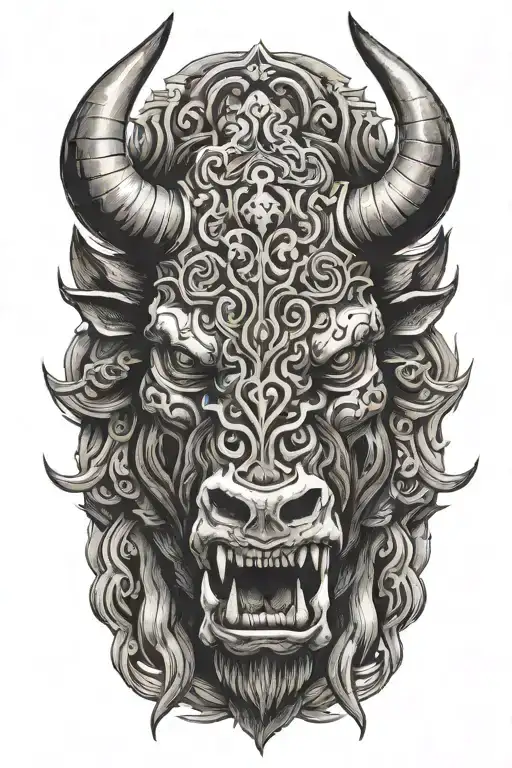 enraged bull's head with 2 thick horns tattoo design idea
