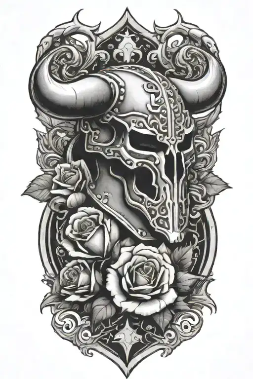 single rose growing out of medieval knight helmet with bull's horns tattoo design idea