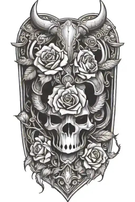 rose growing out of knight helmet with bull's horns tattoo design idea